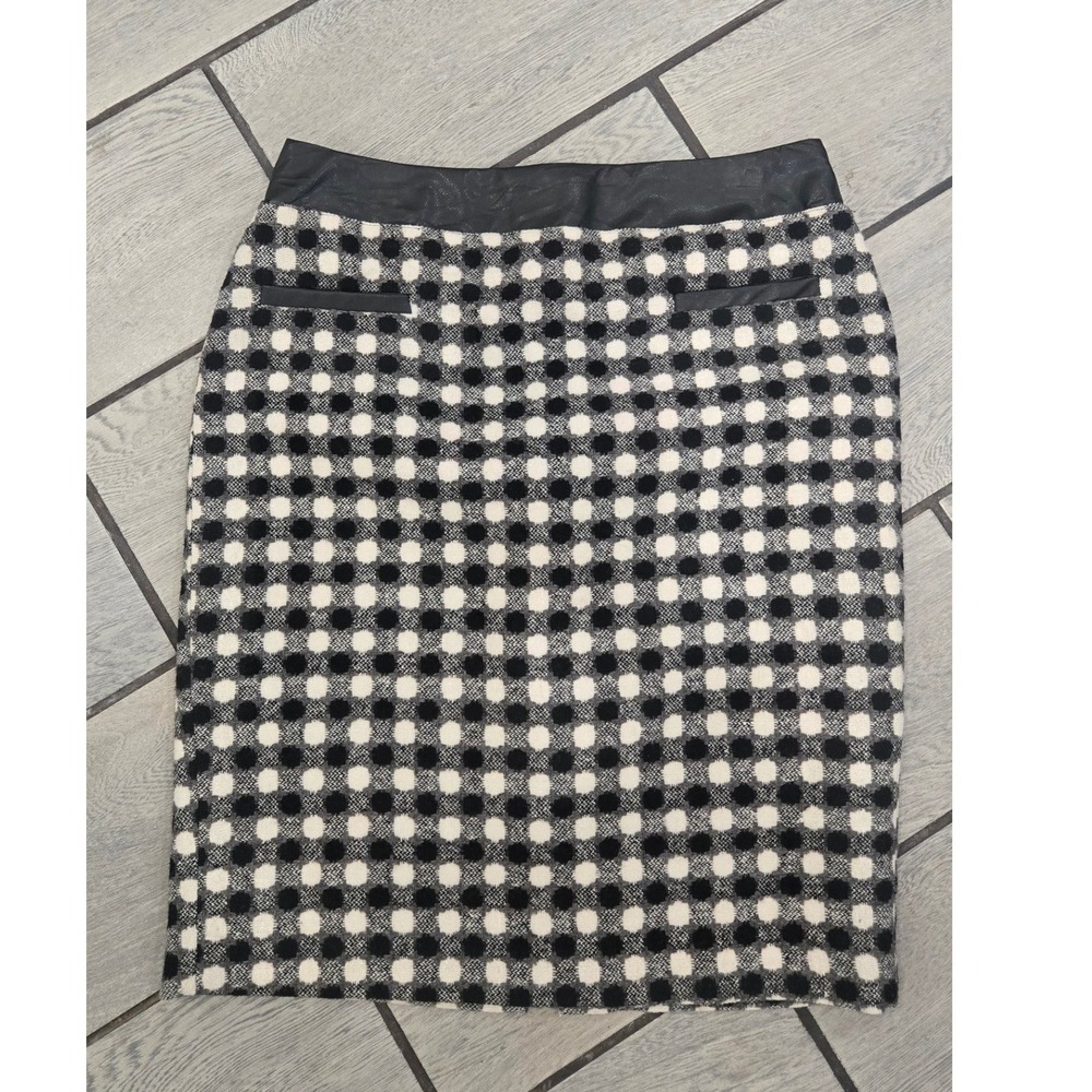 Cynthia Rowley Black White Gingham Wool Blend Pencil Skirt Faux Leather Trim -8